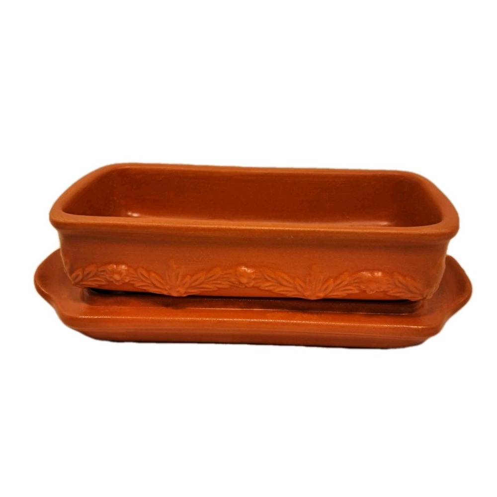 Vintage Avon TERRA COTTA BUTTER DISH  Flower Design 2 Piece Set NOS!